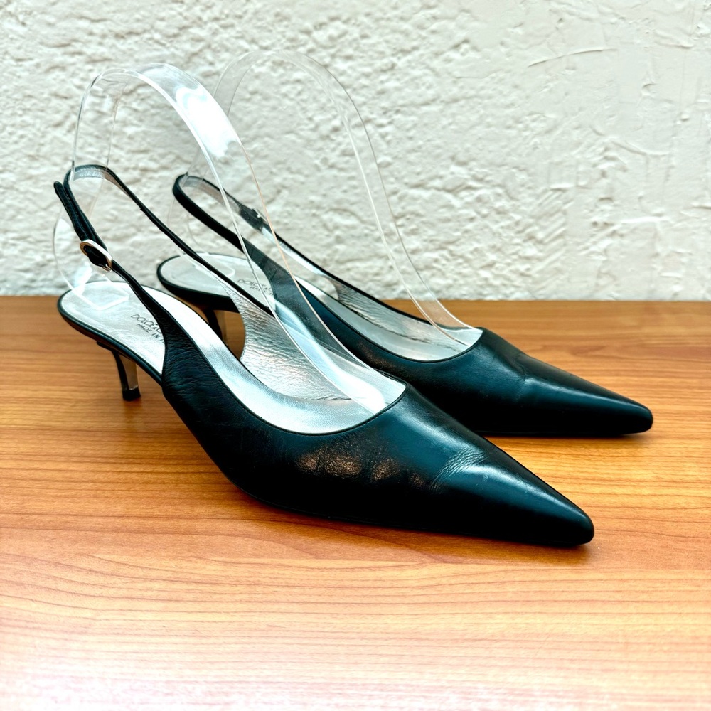 Dolce & Gabbana Pointed Toe Slingback Pumps Black Leather Size 37.5